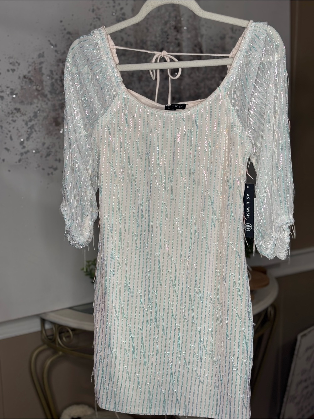 As U Wish Women's Iridescent Sequin Long Sleeve Top - White